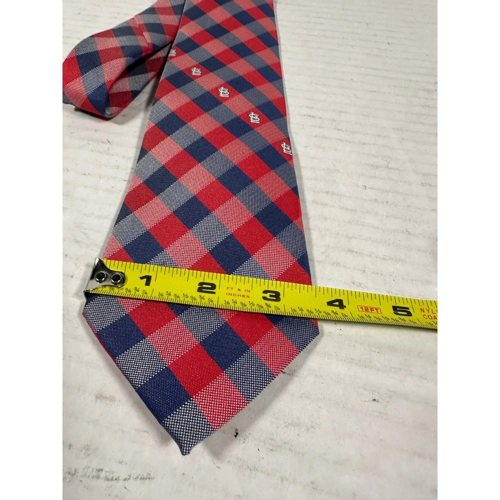 MLB St Louis Cardinals Mens Necktie Red Navy‎ Blue Gingham Check Logo Silk-Look